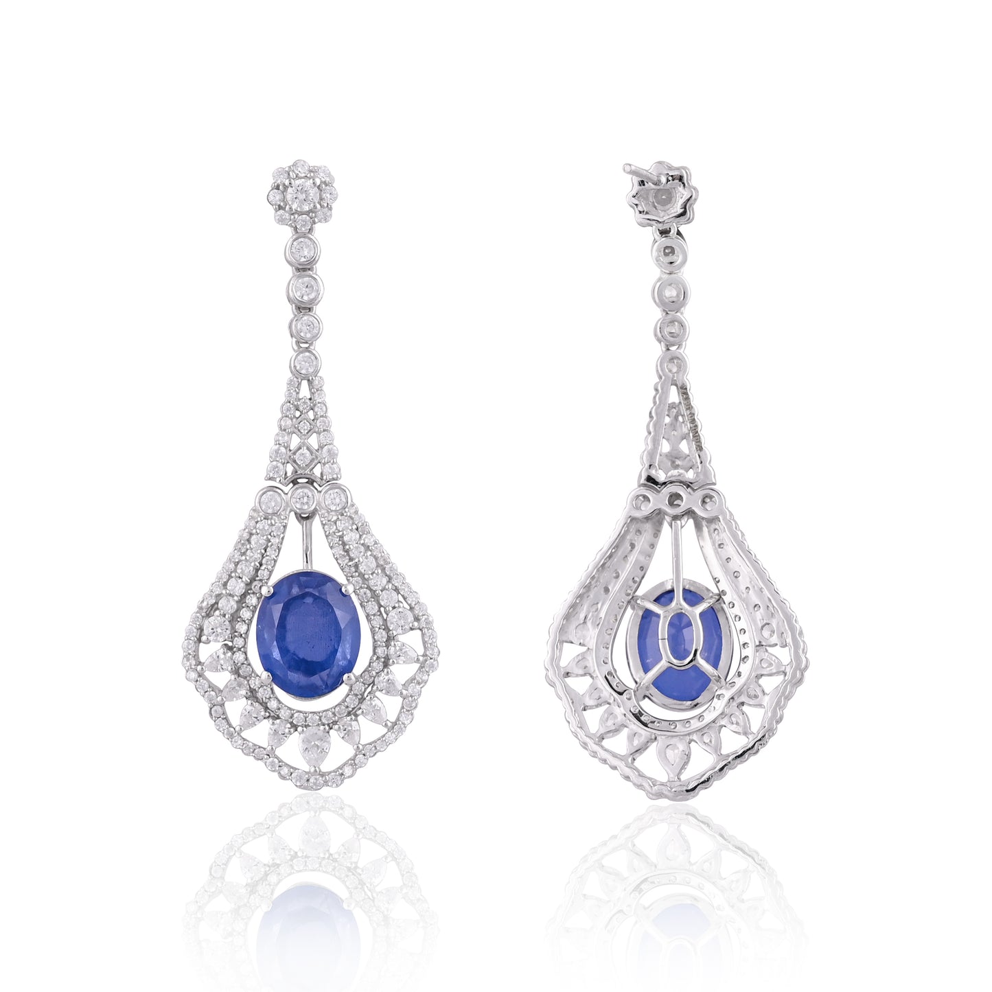 925 Silver Blue Sapphire Oval Doublet Drop Earrings with CZ Accents | Elegant Bridal Dangle Earrings | Fine Gemstone Jewelry for Women