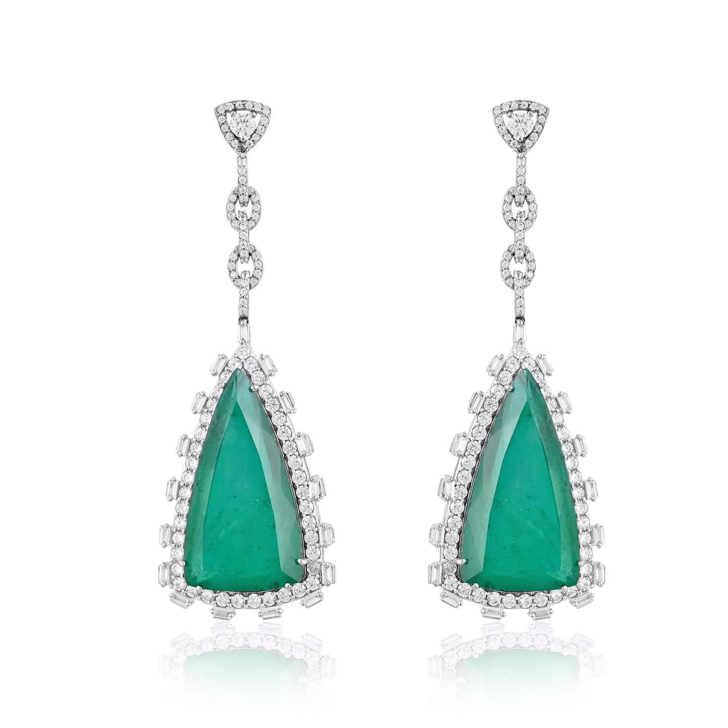 925 Silver Triangle Cut Emerald Doublet Drop Earrings with CZ Halo – Luxury Statement Jewelry for Women