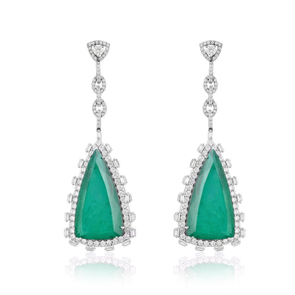 925 Silver Triangle Cut Emerald Doublet Drop Earrings with CZ Halo – Luxury Statement Jewelry for Women