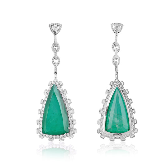 925 Silver Triangle Cut Emerald Doublet Drop Earrings with CZ Halo – Luxury Statement Jewelry for Women