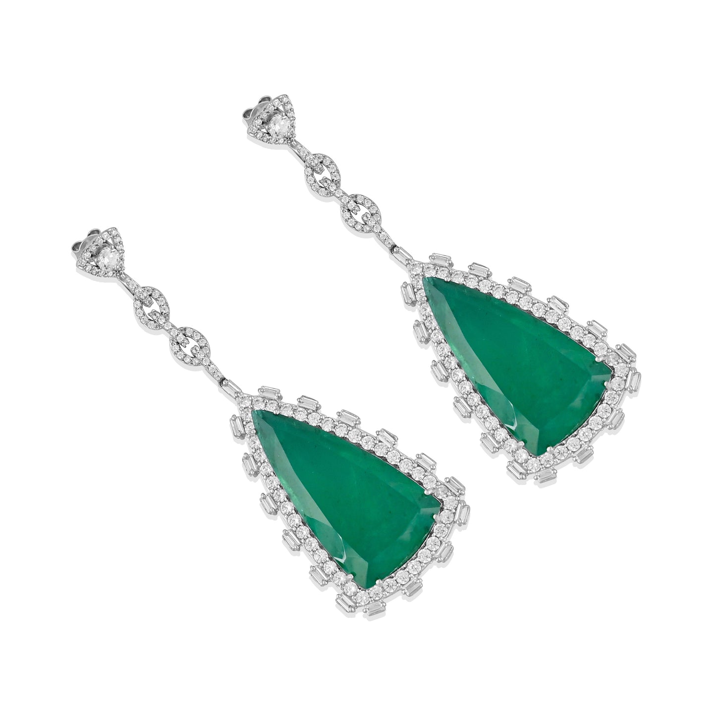 925 Silver Triangle Cut Emerald Doublet Drop Earrings with CZ Halo – Luxury Statement Jewelry for Women