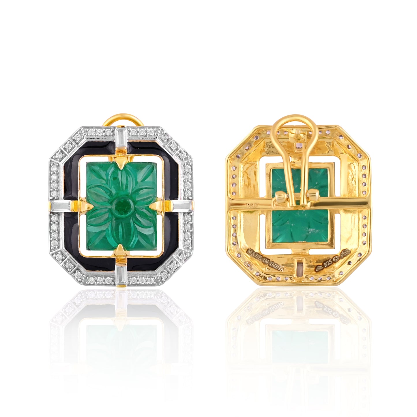 925 Silver Carved Green Emerald and Black Enamel Stud Earrings with CZ Accents | Art Deco Inspired Statement Jewelry for Women