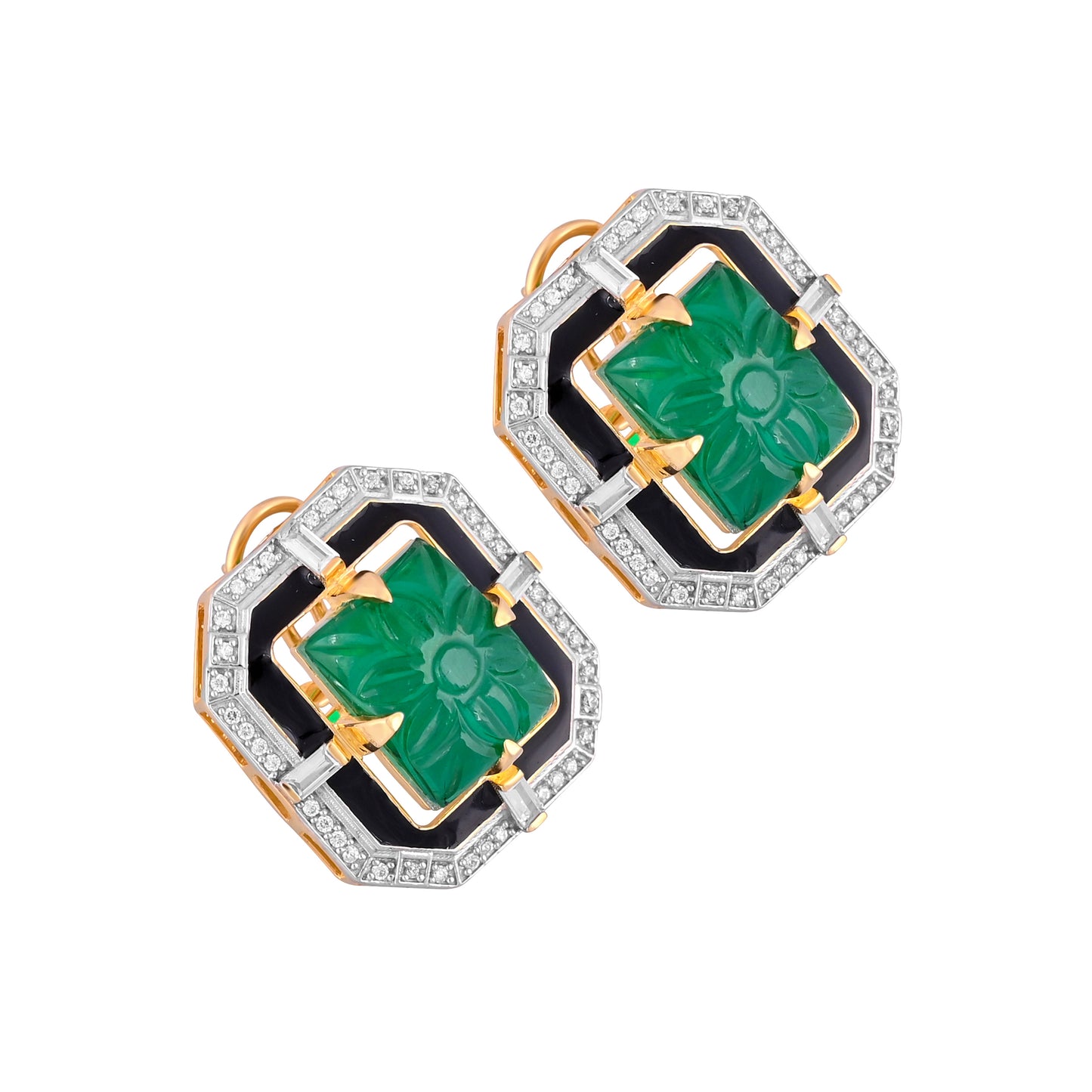 925 Silver Carved Green Emerald and Black Enamel Stud Earrings with CZ Accents | Art Deco Inspired Statement Jewelry for Women