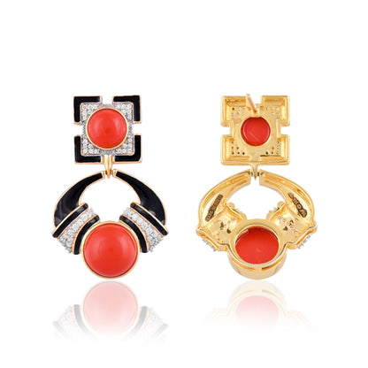 925 Silver Red Coral Dangle Earrings | Gold Plated Sterling Silver with Black Enamel & CZ | Art Deco Gemstone Jewelry