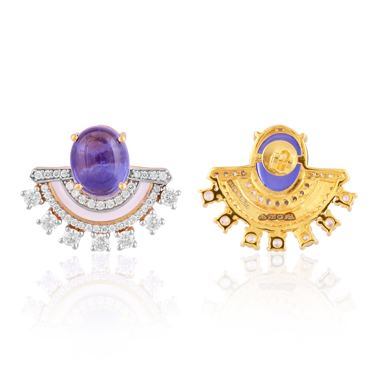 Elegant 925 Silver Fan Stud Earrings with Purple Gemstone Doublet and CZ – Luxury Designer Jewelry