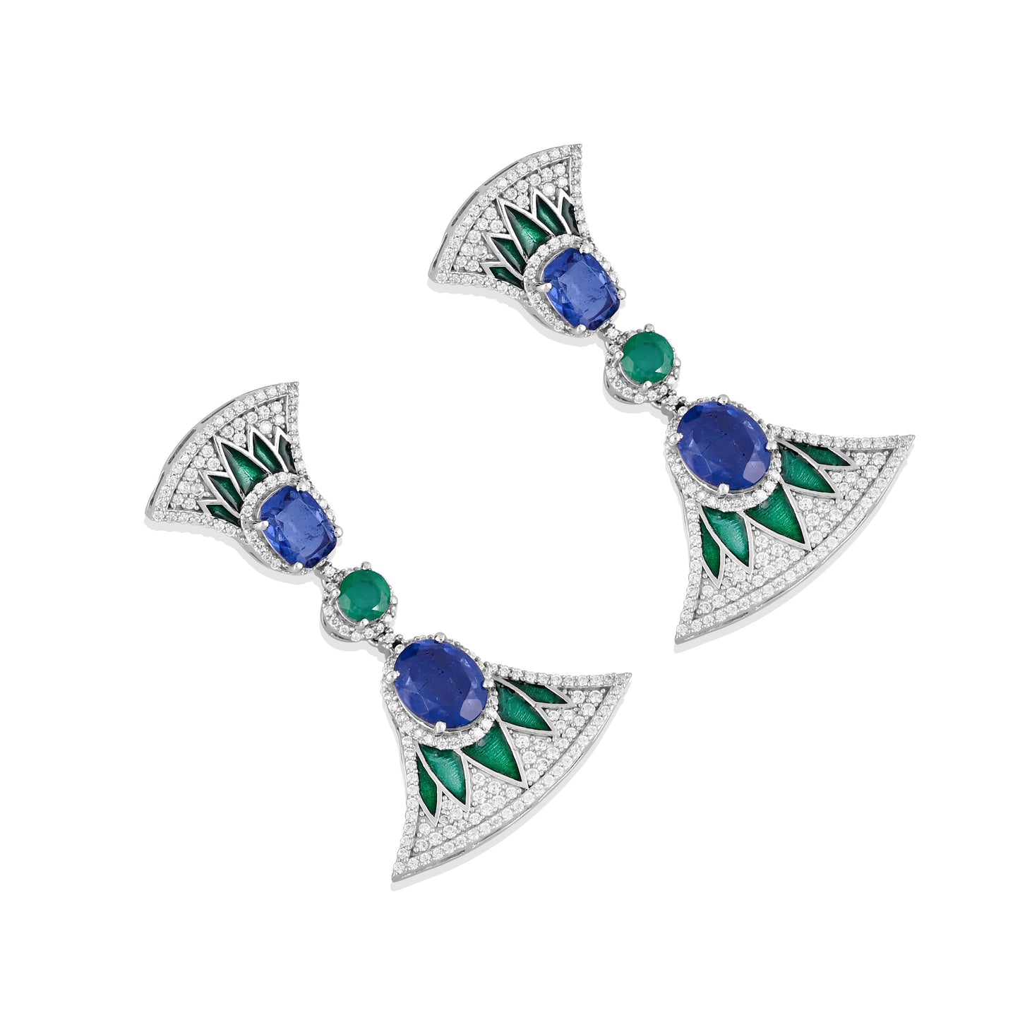 925 Silver Blue Sapphire & Emerald Doublet Long Drop Earrings with CZ Accents – Luxury Art Deco Statement Jewelry