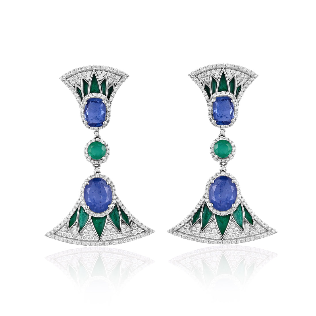 925 Silver Blue Sapphire & Emerald Doublet Long Drop Earrings with CZ Accents – Luxury Art Deco Statement Jewelry