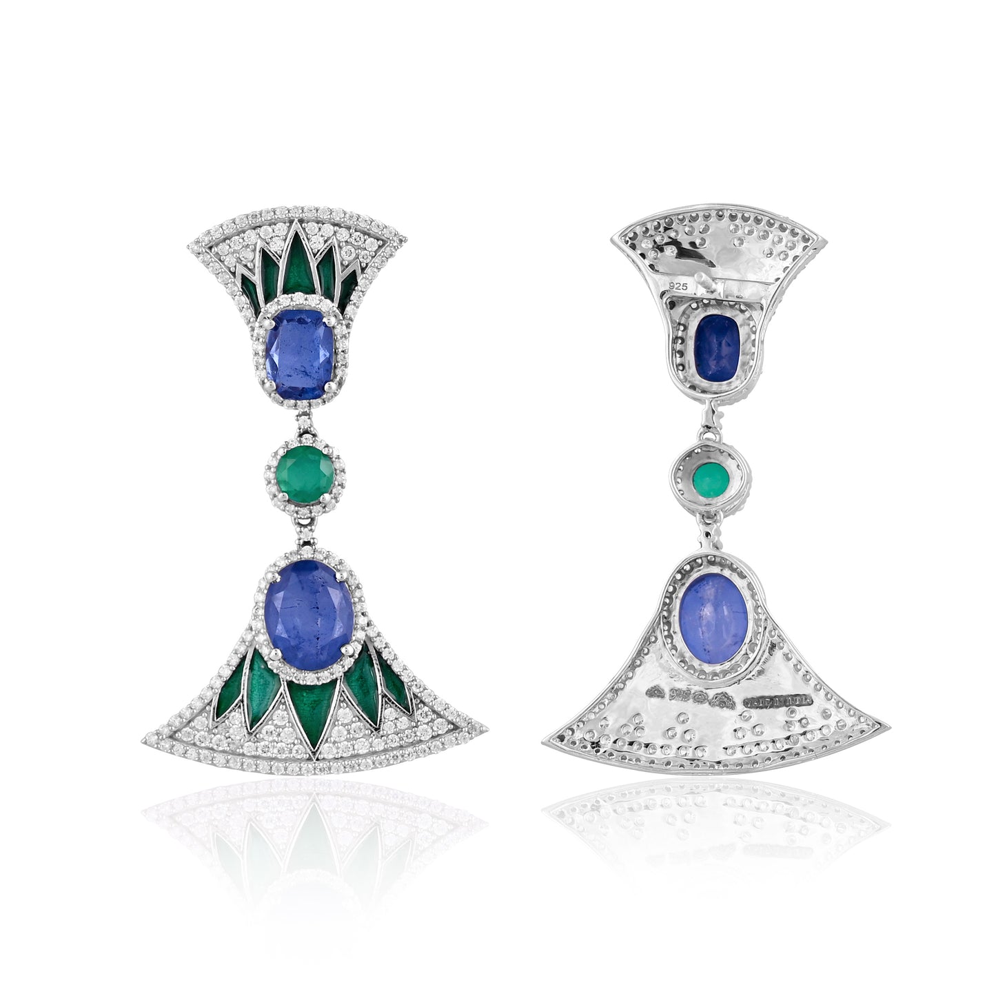 925 Silver Blue Sapphire & Emerald Doublet Long Drop Earrings with CZ Accents – Luxury Art Deco Statement Jewelry