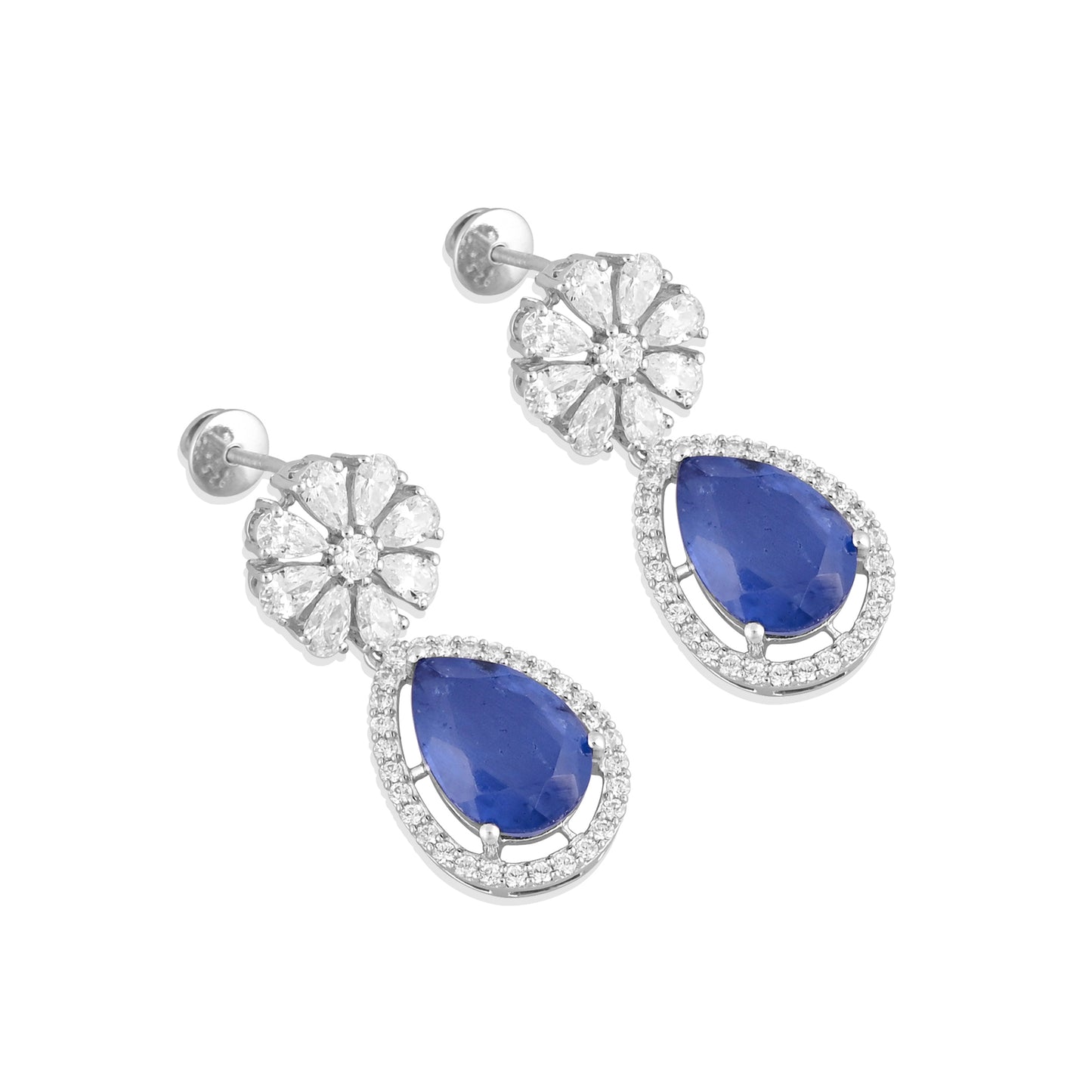 925 Silver Earrings with Blue Sapphire Doublet & CZ – Teardrop Bridal Statement Jewelry