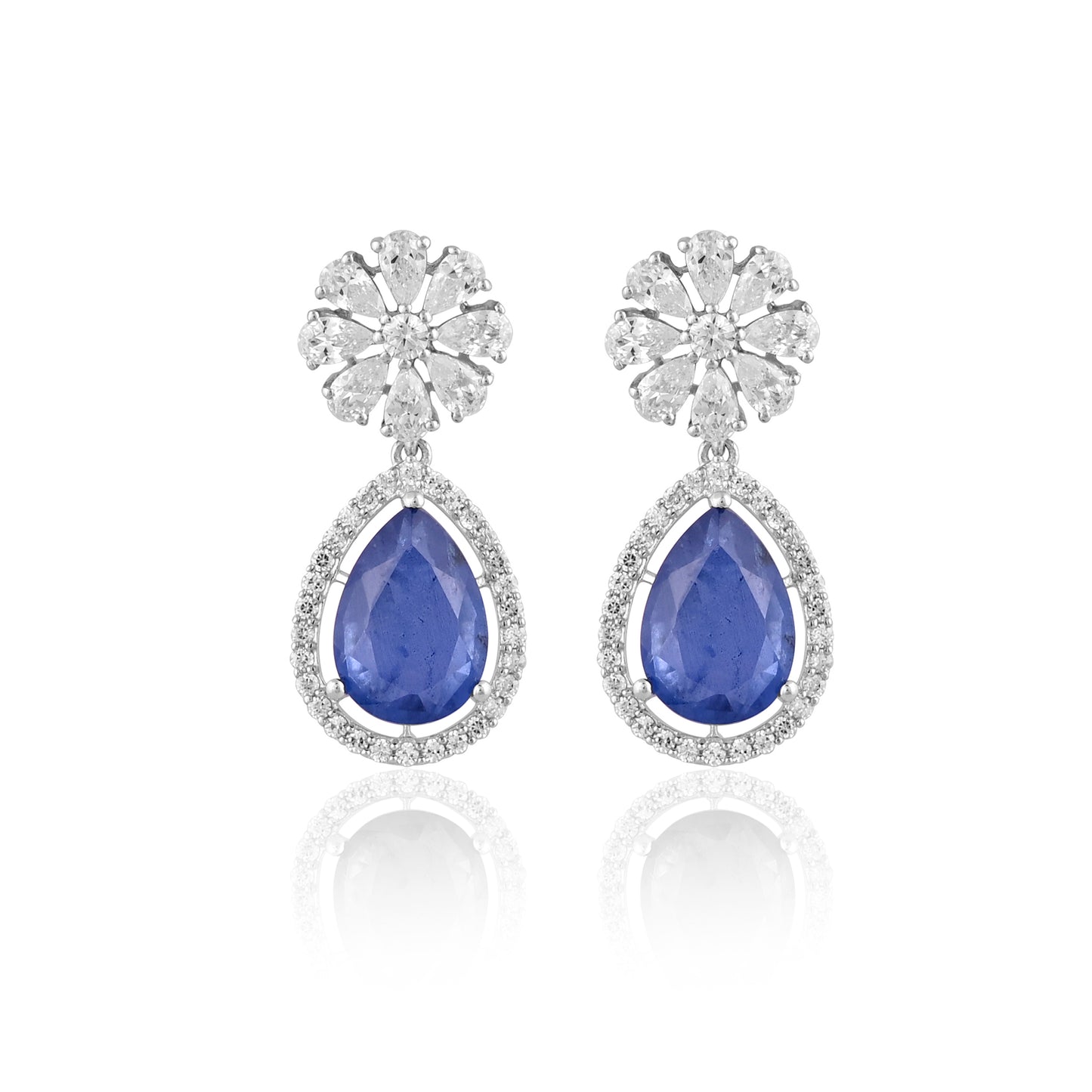 925 Silver Earrings with Blue Sapphire Doublet & CZ – Teardrop Bridal Statement Jewelry