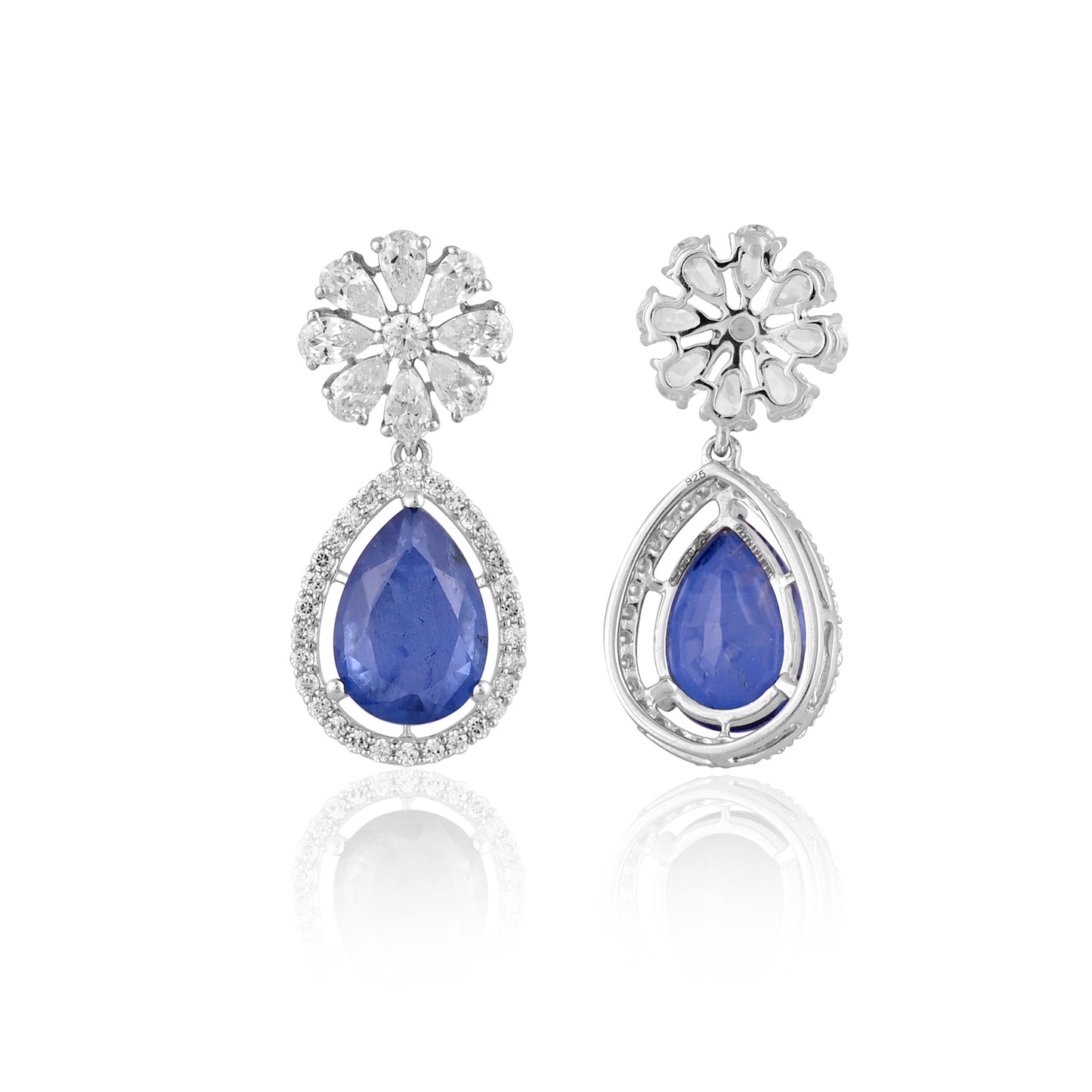 925 Silver Earrings with Blue Sapphire Doublet & CZ – Teardrop Bridal Statement Jewelry