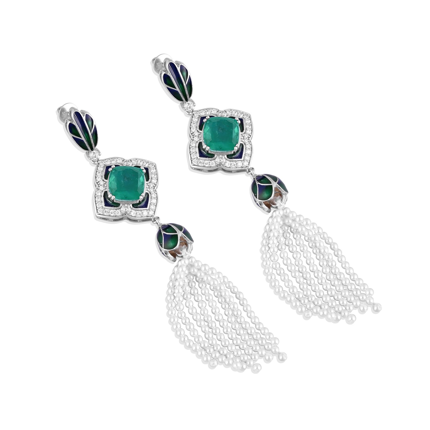 925 Silver Earrings with Emerald Doublet, Enamel & Pearl Tassels – Statement Vintage Jewelry