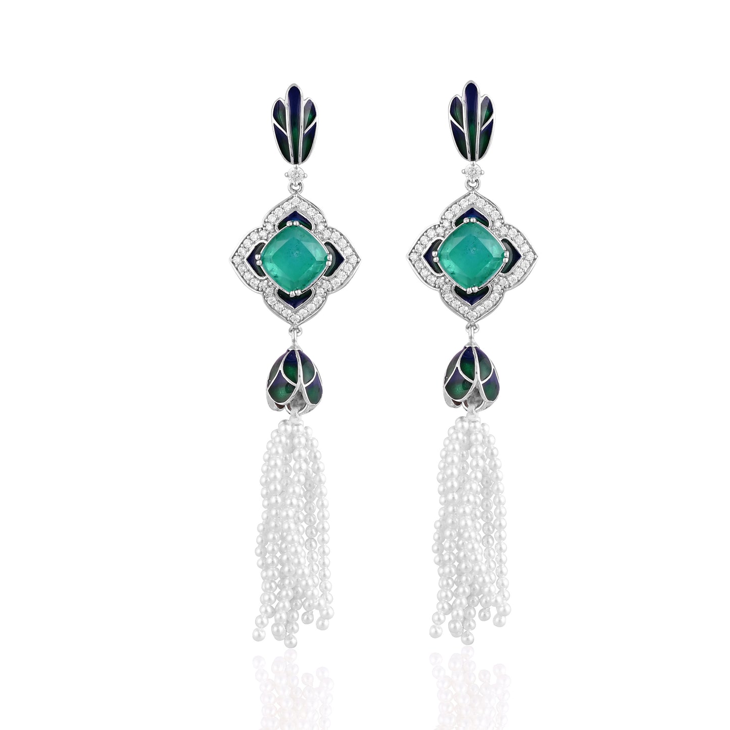 925 Silver Earrings with Emerald Doublet, Enamel & Pearl Tassels – Statement Vintage Jewelry