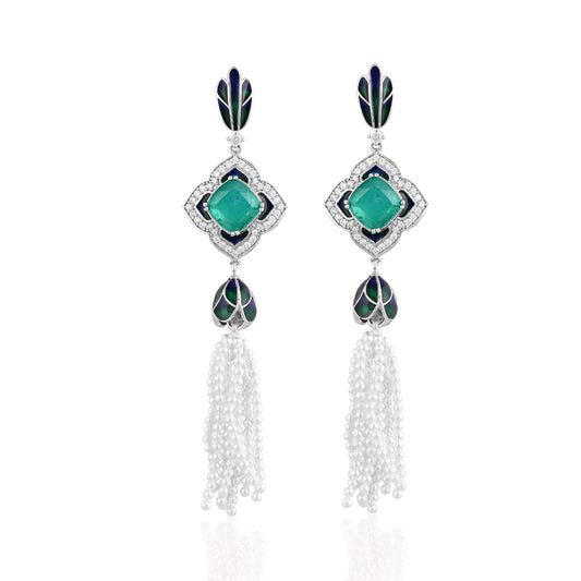 925 Silver Earrings with Emerald Doublet, Enamel & Pearl Tassels – Statement Vintage Jewelry
