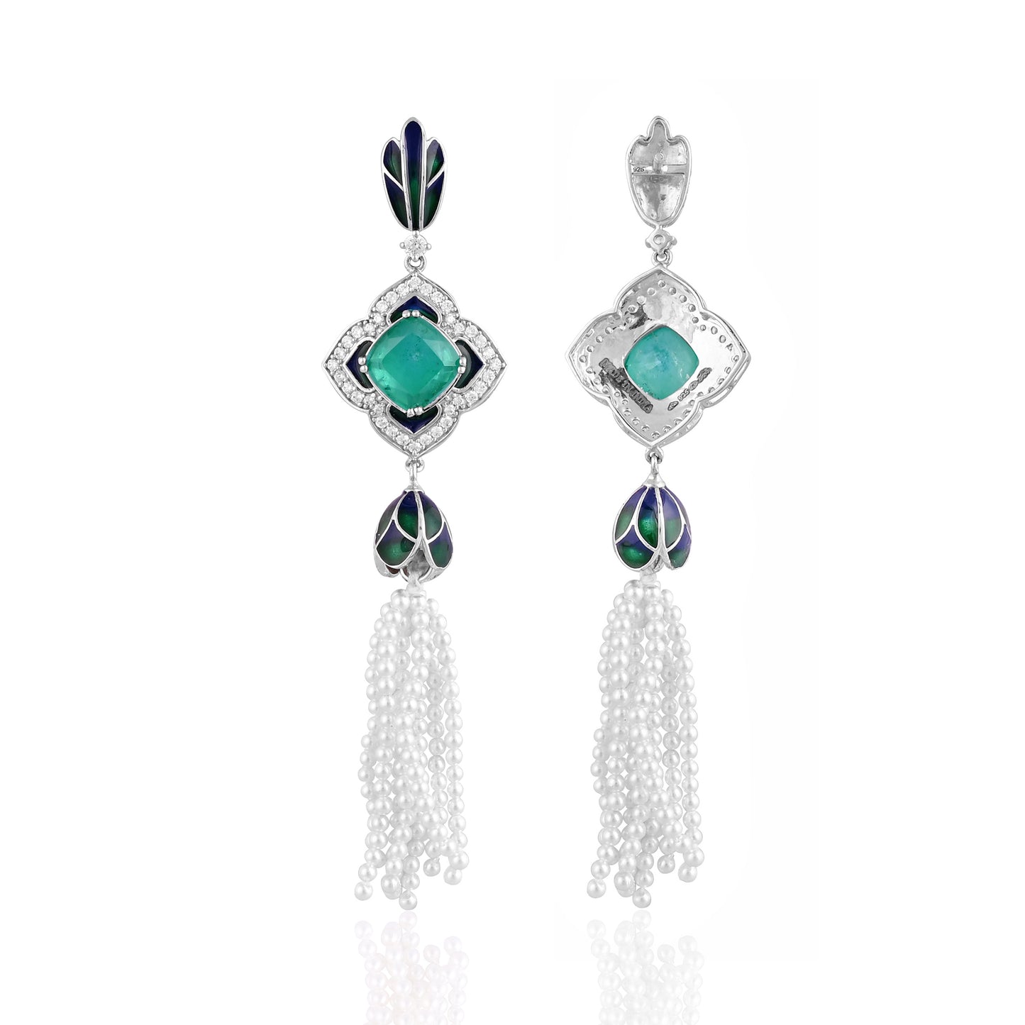 925 Silver Earrings with Emerald Doublet, Enamel & Pearl Tassels – Statement Vintage Jewelry