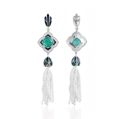 925 Silver Earrings with Emerald Doublet, Enamel & Pearl Tassels – Statement Vintage Jewelry
