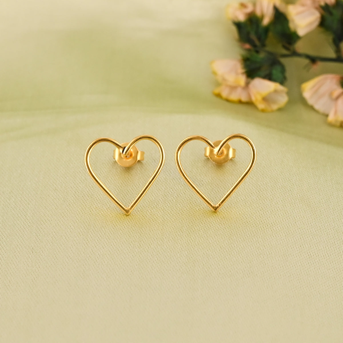 Minimalist Open Heart Stud Earrings in Gold-Plated Brass | Dainty Heart Outline Earrings for Women