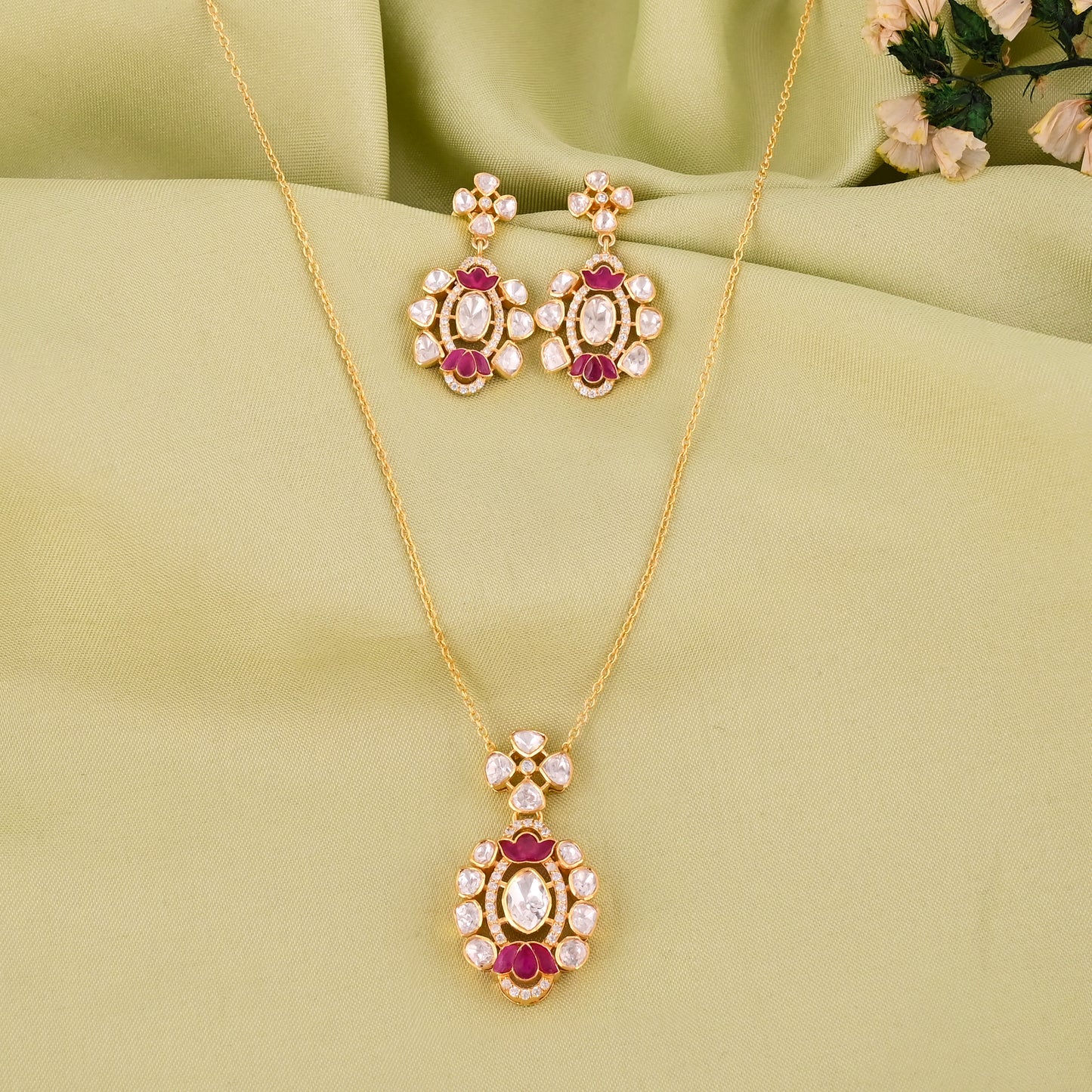 925 Silver Kundan Polki Necklace and Earrings Set with Ruby Red Talpe | Gold Plated Bridal Jewelry Set | Indian Wedding Jewelry