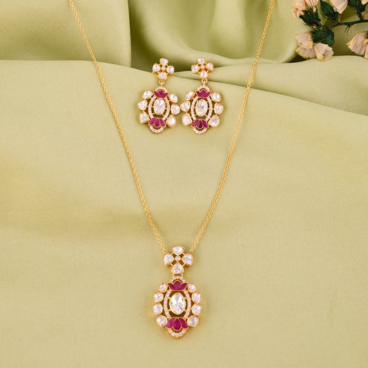 925 Silver Kundan Polki Necklace and Earrings Set with Ruby Red Talpe | Gold Plated Bridal Jewelry Set | Indian Wedding Jewelry