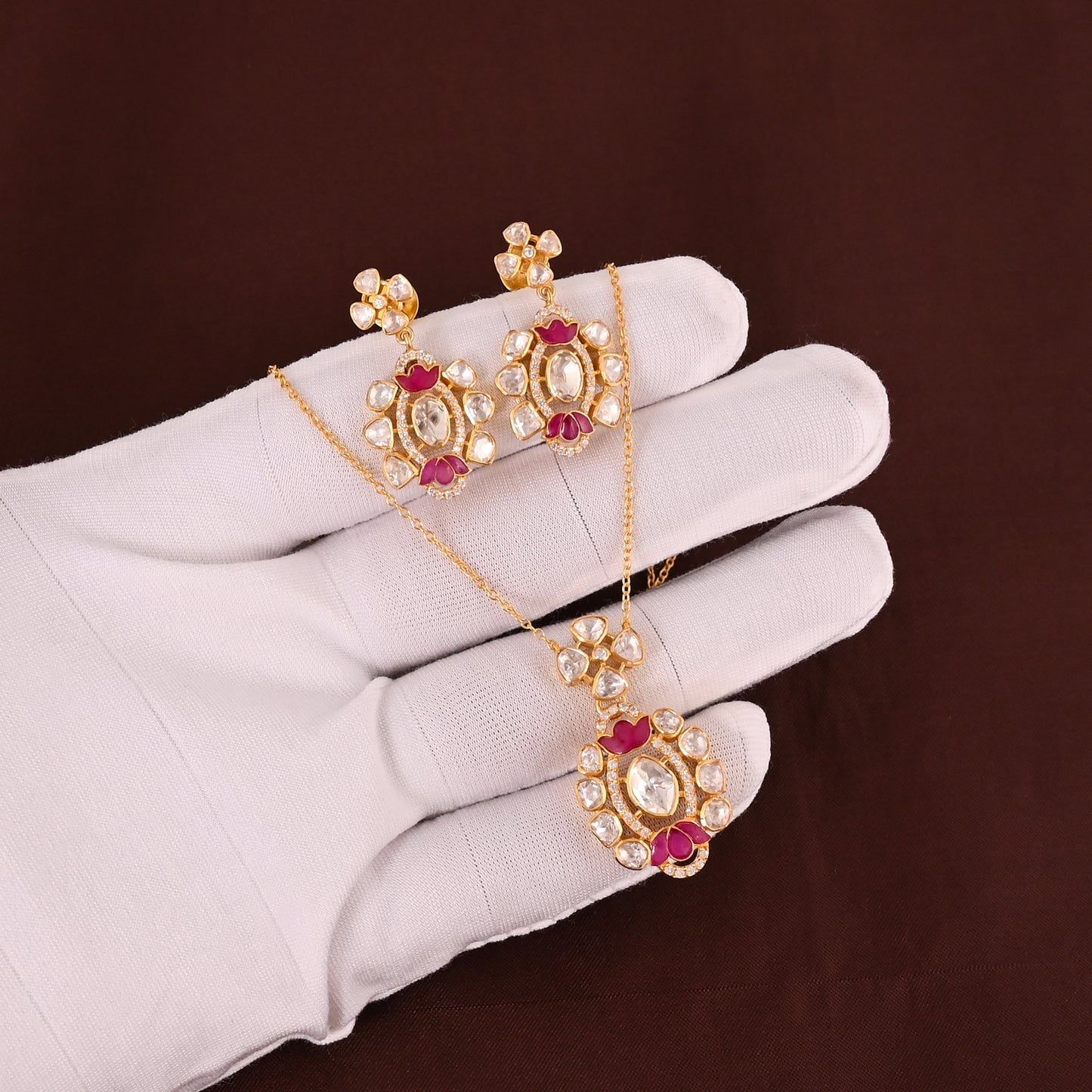 925 Silver Kundan Polki Necklace and Earrings Set with Ruby Red Talpe | Gold Plated Bridal Jewelry Set | Indian Wedding Jewelry