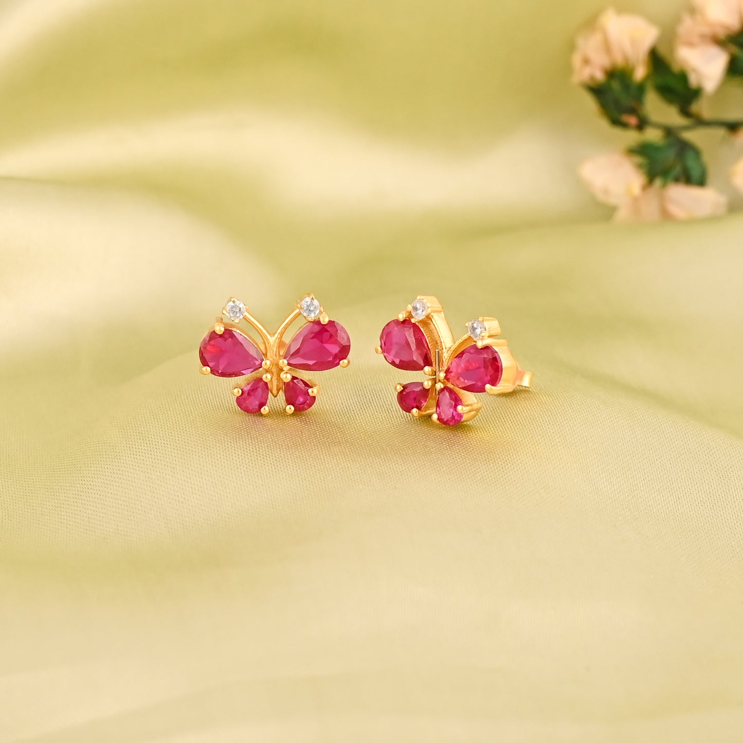 925 Silver Butterfly Earrings | Gold Plated Sterling Silver Studs with Ruby CZ Stones | Cute Minimalist Jewelry for Women & Girls