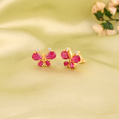 925 Silver Butterfly Earrings | Gold Plated Sterling Silver Studs with Ruby CZ Stones | Cute Minimalist Jewelry for Women & Girls