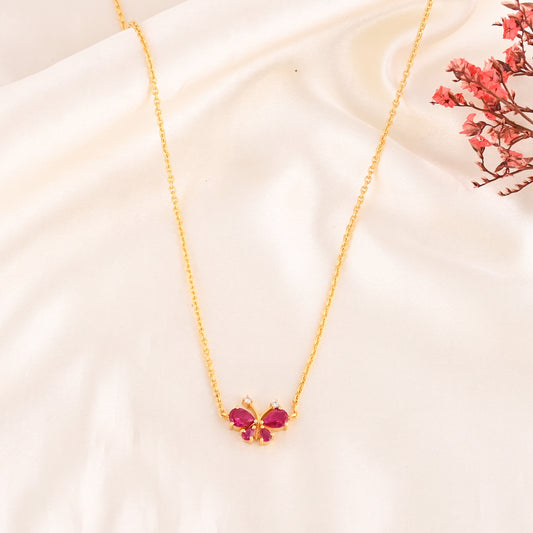925 Silver Butterfly Necklace | Gold Plated Sterling Silver Necklace with Ruby CZ Stones | Cute Minimalist Jewelry for Women & Girls