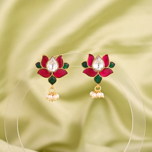 925 Silver Lotus Earring with Pearl Beads | Traditional Kundan Enamel Jewelry for Women