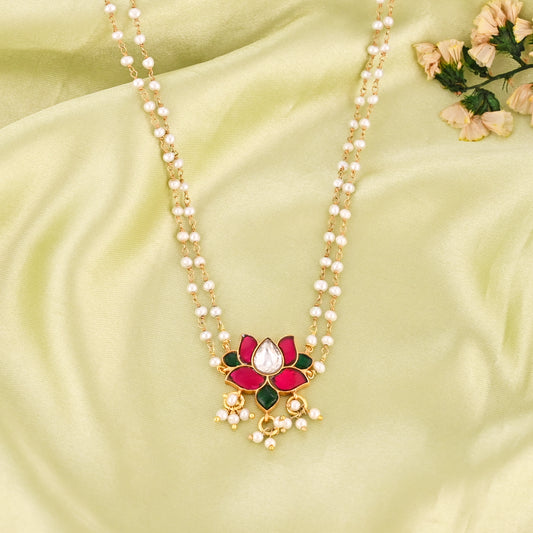 925 Silver Lotus Pendant Necklace with Pearl Beads | Traditional Kundan Jewelry for Women