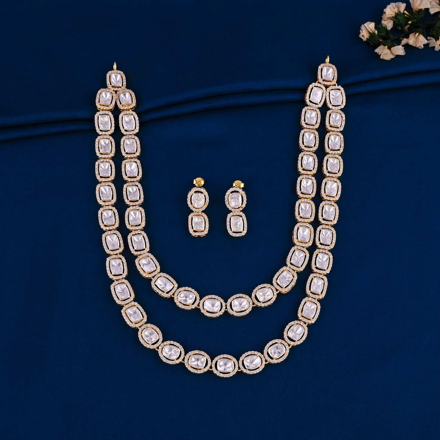 925 Silver Polki Double Layer Necklace and Earrings Set | Gold Plated Indian Bridal Jewelry | Wedding Ethnic Jewelry Set