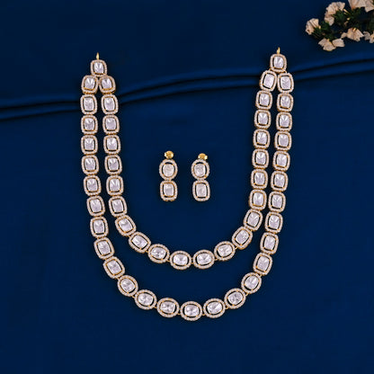 925 Silver Polki Double Layer Necklace and Earrings Set | Gold Plated Indian Bridal Jewelry | Wedding Ethnic Jewelry Set