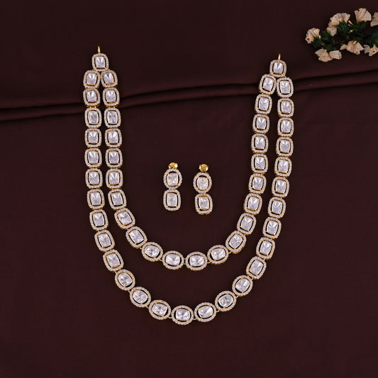 925 Silver Polki Double Layer Necklace and Earrings Set | Gold Plated Indian Bridal Jewelry | Wedding Ethnic Jewelry Set