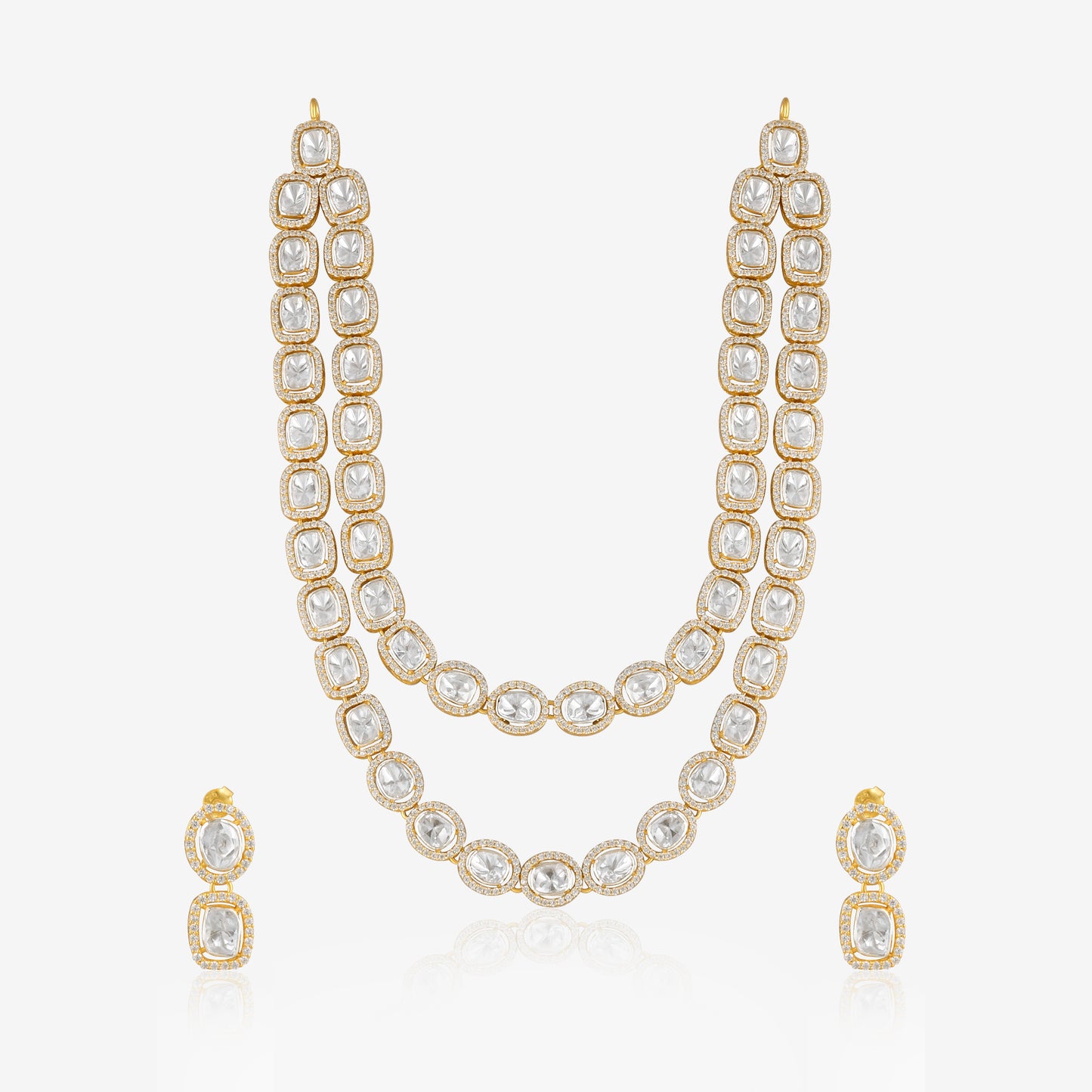925 Silver Polki Double Layer Necklace and Earrings Set | Gold Plated Indian Bridal Jewelry | Wedding Ethnic Jewelry Set