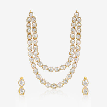 925 Silver Polki Double Layer Necklace and Earrings Set | Gold Plated Indian Bridal Jewelry | Wedding Ethnic Jewelry Set