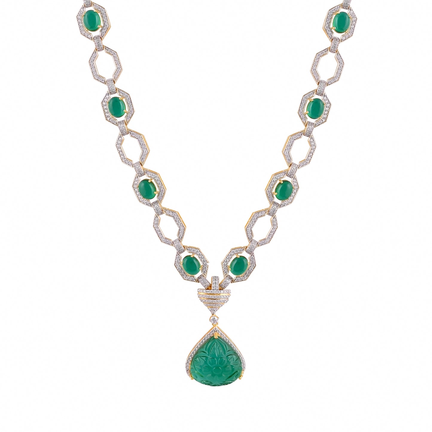 Luxury 925 Silver Necklace with Emerald Carving Doublet & CZ – Designer Statement Jewelry