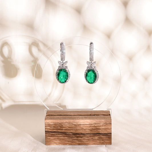 925 Silver Oval Green Emerald Drop Earrings with CZ Accents | Elegant Gemstone Dangle Earrings | Fine Jewelry Gift for Women