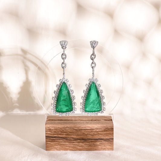 925 Silver Triangle Cut Emerald Doublet Drop Earrings with CZ Halo – Luxury Statement Jewelry for Women