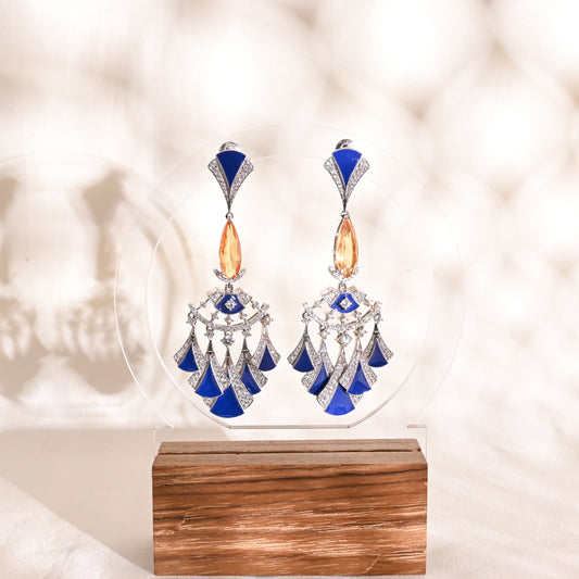 925 Silver Citrine Doublet Earrings | Blue Enamel & CZ Accents | Art Deco Style Sterling Silver Statement Jewelry for Women