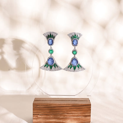 925 Silver Blue Sapphire & Emerald Doublet Long Drop Earrings with CZ Accents – Luxury Art Deco Statement Jewelry