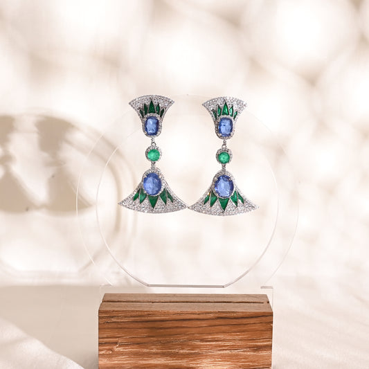 925 Silver Blue Sapphire & Emerald Doublet Long Drop Earrings with CZ Accents – Luxury Art Deco Statement Jewelry