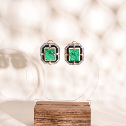 925 Silver Carved Green Emerald and Black Enamel Stud Earrings with CZ Accents | Art Deco Inspired Statement Jewelry for Women
