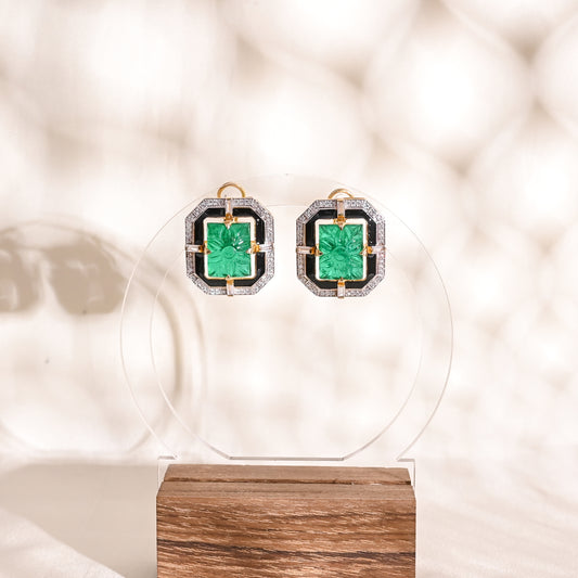 925 Silver Carved Green Emerald and Black Enamel Stud Earrings with CZ Accents | Art Deco Inspired Statement Jewelry for Women