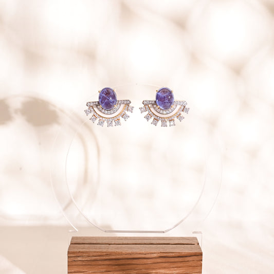 Elegant 925 Silver Fan Stud Earrings with Purple Gemstone Doublet and CZ – Luxury Designer Jewelry