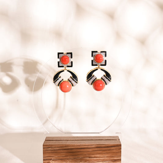 925 Silver Red Coral Dangle Earrings | Gold Plated Sterling Silver with Black Enamel & CZ | Art Deco Gemstone Jewelry