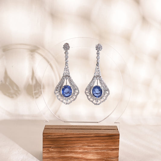 925 Silver Blue Sapphire Oval Doublet Drop Earrings with CZ Accents | Elegant Bridal Dangle Earrings | Fine Gemstone Jewelry for Women
