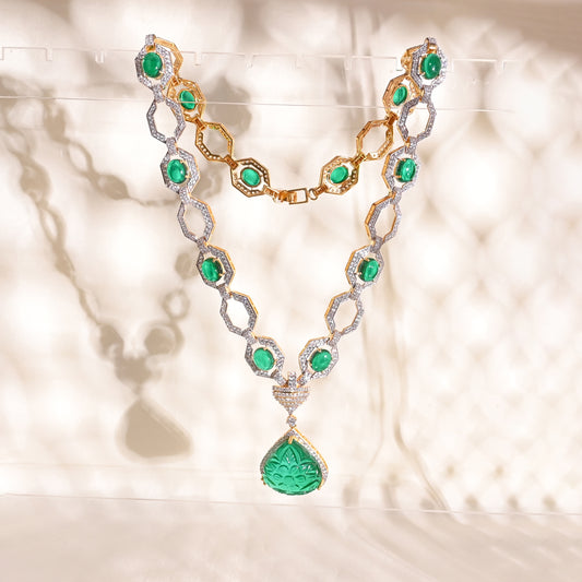 Luxury 925 Silver Necklace with Emerald Carving Doublet & CZ – Designer Statement Jewelry