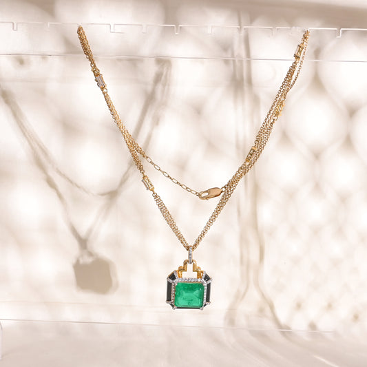 925 Silver Emerald Doublet Pendant Necklace | Gold Plated Sterling Silver Chain | Art Deco Green Gemstone Jewelry for Women