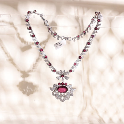 925 Silver Rhodolite Doublet Necklace | Lotus Design with CZ Accents | Elegant Sterling Silver Bridal & Statement Jewelry
