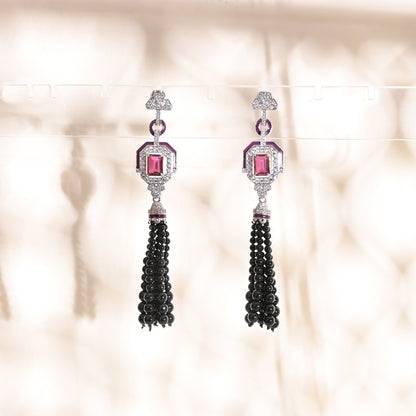 Art Deco 925 Silver Necklace & Earrings Set with Rhodolite Doublet, Enamel & Black Bead Tassels – Statement Jewelry