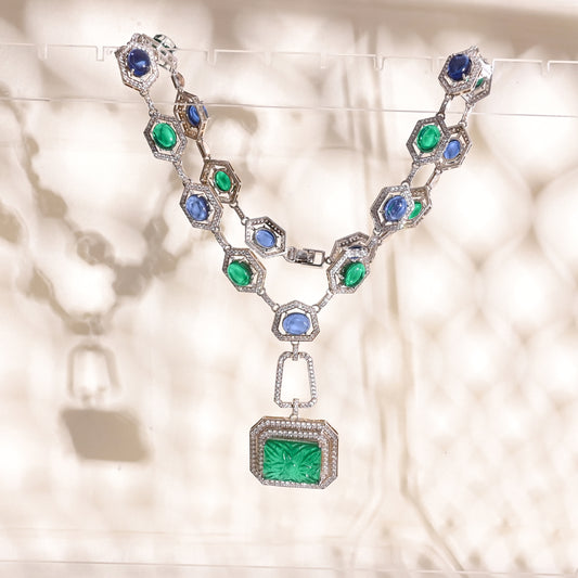 925 Silver Blue Sapphire & Emerald Doublet Necklace with CZ Accents and Carved Green Pendant – Luxury Statement Jewelry
